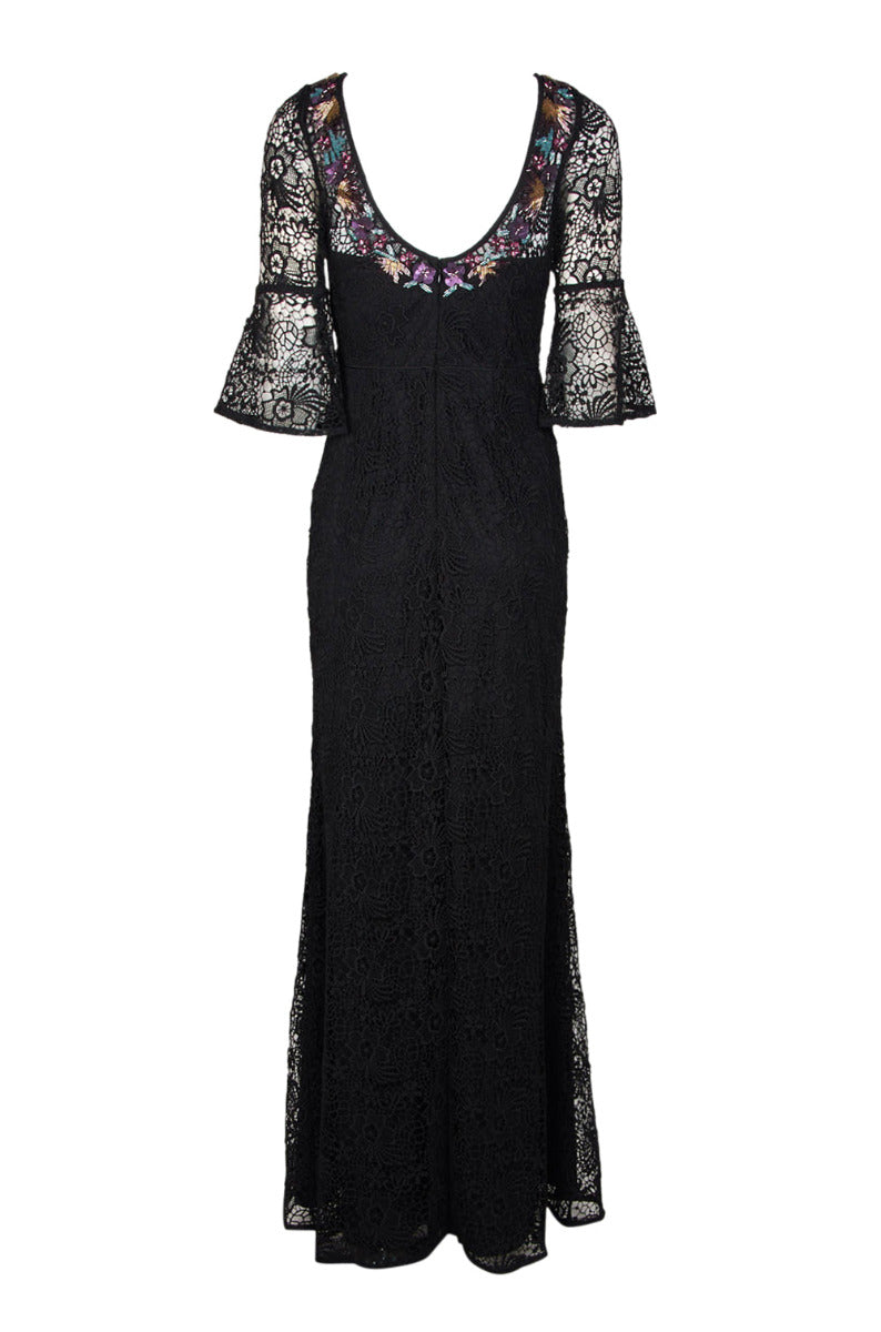 Aidan Mattox Embellished Boat Neck Circular Flounce 3/4 Sleeve Sheath Scoop Back Floral Lace Dress | Available at Curated Brands in Los Angeles Aidan Mattox Embellished Boat Neck Circular Flounce 3/4 Sleeve Sheath Scoop Back Floral Lace Dress | Available at Curated Brands in Los Angeles