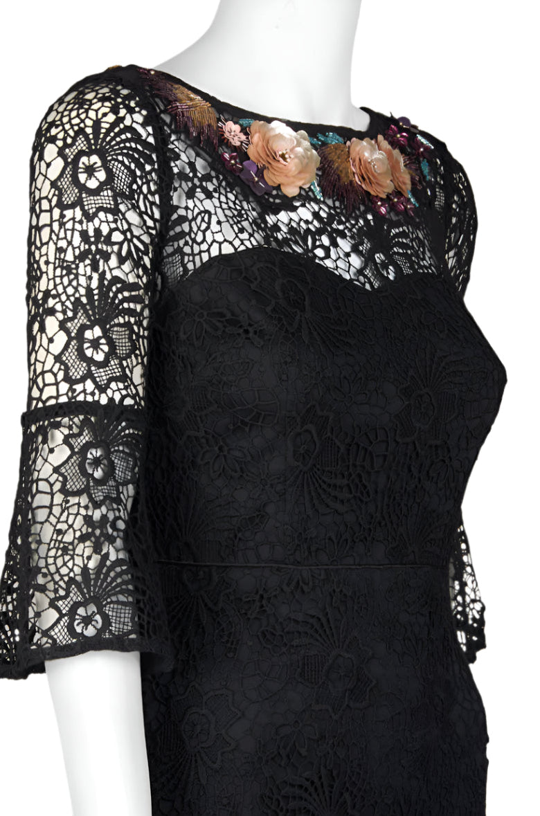 Aidan Mattox Embellished Boat Neck Circular Flounce 3/4 Sleeve Sheath Scoop Back Floral Lace Dress | Available at Curated Brands in Los Angeles Aidan Mattox Embellished Boat Neck Circular Flounce 3/4 Sleeve Sheath Scoop Back Floral Lace Dress | Available at Curated Brands in Los Angeles