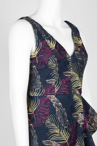 Aidan Mattox V-Neck Sleeveless Flutter High Low Hem Multi Print Concealed Zipper Back Embroidered Mesh Dress