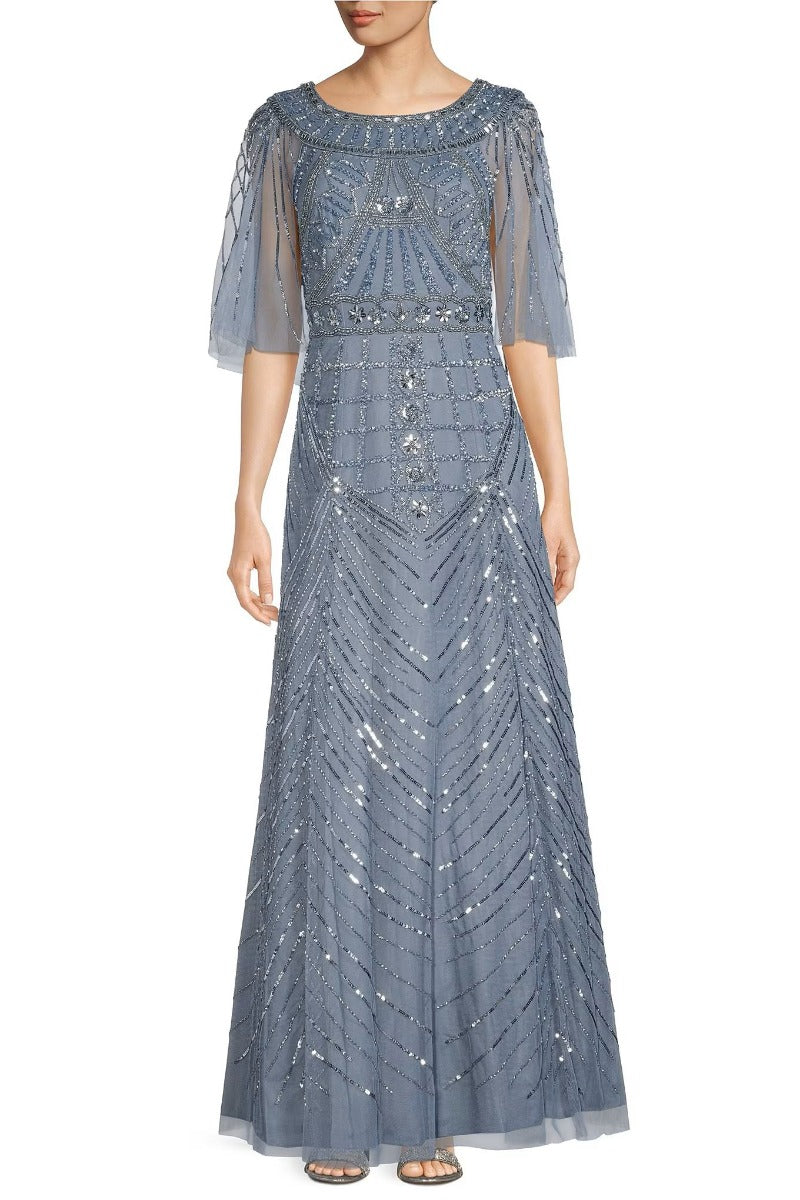 Aidan Mattox Boat Neck Illusion Short Sleeve Embellished Zipper Back M Curated Brands