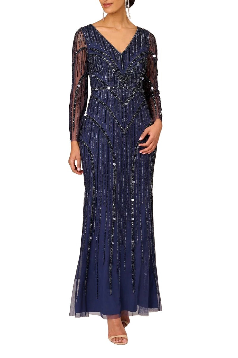 aidan mattox long sleeve dress Aidan Mattox Sequined V-Neck Long Sleeve Slit Front Zipper Back Mesh Gown