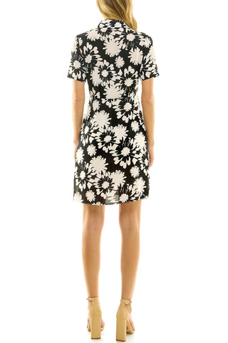 Nicole Miller Collared Short Sleeve Gathered Front Floral Print Crepe Chiffon Dress
