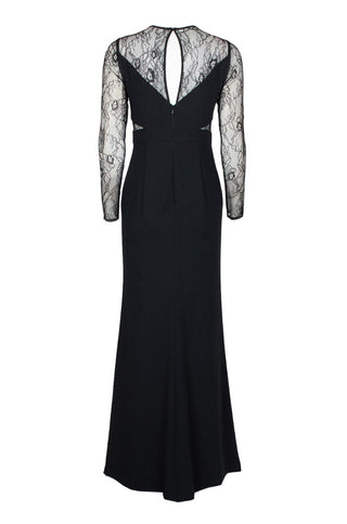Aidan by Aidan Mattox Crew Neck Illusion Lace Bodice Long Sleeve Zipper Keyhole Back Pleated Crepe Twill Gown