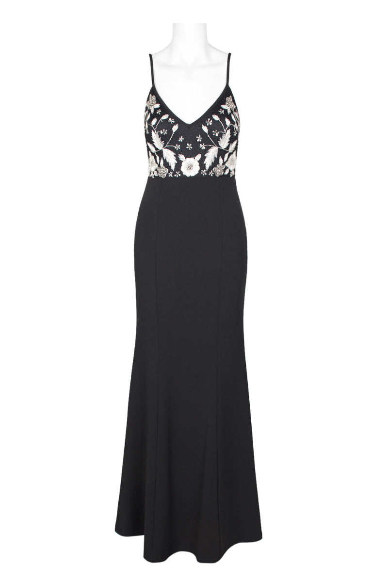 Aidan by Aidan Mattox Spaghetti Strap Embroidered Bodice Zipper Back Mesh Crepe Gown