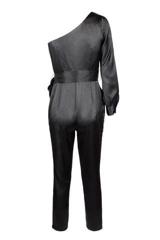 Aidan by Aidan Mattox Asymmetrical Shoulder Slit Long Sleeve Tie Side Functional Pocket Concealed Zipper Side Satin Jumpsuit