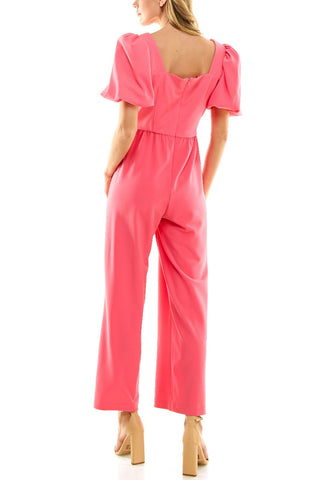 Nicole Miller Square Neck Puff Short Sleeve Ruched Zipper Back Solid Scuba Crepe Jumpsuit - Camillia Rose - Back View