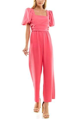 Nicole Miller Square Neck Puff Short Sleeve Ruched Zipper Back Solid Scuba Crepe Jumpsuit - Camillia Rose - Front View