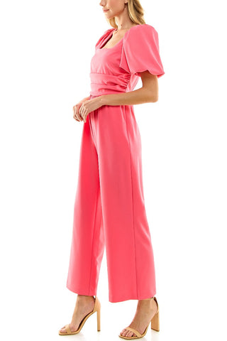 Nicole Miller Square Neck Puff Short Sleeve Ruched Zipper Back Solid Scuba Crepe Jumpsuit - Camillia Rose - Side View