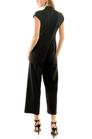 Nicole Miller V-Neck Sleeveless Gathered Front Solid Scuba Jumpsuit