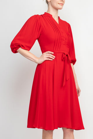 Nanette Lepore V-Neck 3/4 Sleeve Pleated Front Tie Waist A-Line Solid Crepe Dress