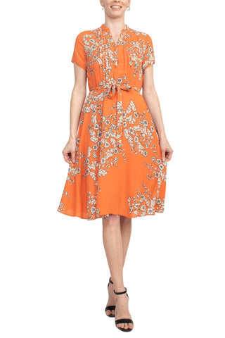 Nanette Lepore V-Neck Short Sleeve Pleated Front Tie Waist A-Line Floral Print Crepe Dress