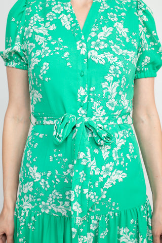 Nanette Lepore V-Neck Short Sleeve Tie Waist Floral Print A-Line Crepe Dress