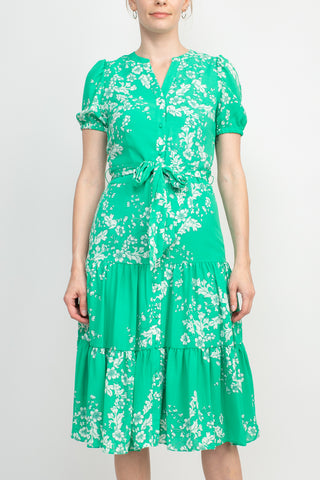 Nanette Lepore V-Neck Short Sleeve Tie Waist Floral Print A-Line Crepe Dress