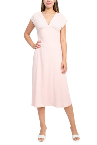 Sage Collective V-Neck Cap Sleeve Solid Fit & Flare Flowy Woven Dress - Pink - Front