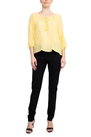 Zac & Rachel  Neck Tie Neck 3/4 Sleeve Solid Crepe Chiffon Top