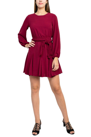 Sage Collective Crew Neck Long Sleeve Tie Waist Godet Hem Keyhole Back Solid Twill Dress_RED_Front View