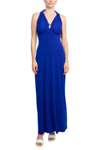 Connected Apparel Crossed Neck Sleeveless Jewelry Front Detail Ruched Empire Waist Solid Jersey Dress - DCL - Front