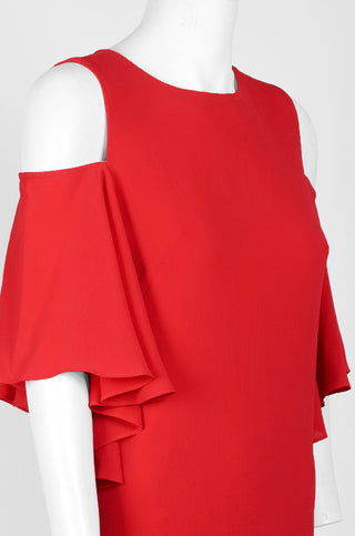 London Times Scoop Neck Cold Shoulder Zipper Back Solid Polyester Dress