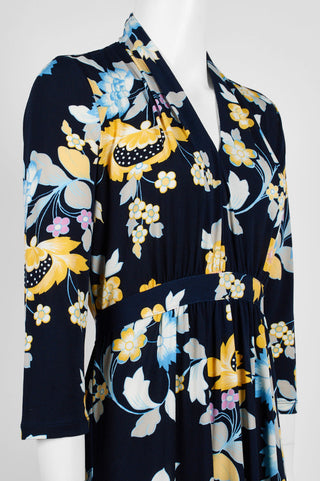 London Times V-Neck Ruched Waist Long Sleeve Floral Print Tie Back Jersey Dress