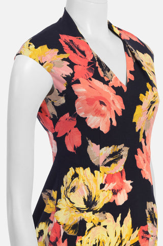 London Times High Neck V-Neck Sleeveless Bodycon Zipper Back Floral Print Crepe Dress