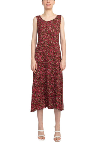 Connected Apparel Scoop Neck Sleeveless Multi Print String Tie Back Fit & Flare Rayon Dress_Red_Front View
