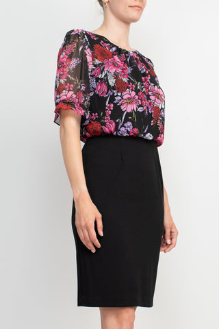 Connected Apparel Boat Neck Short Sleeve Floral Print Chiffon Bodice Stretch Crepe Dress