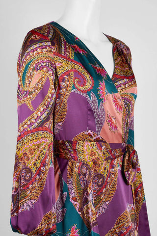 Tahari ASL V-Neck Tie Side Long Sleeve Zipper Back Paisley Print Satin Georgette Tiered Dress